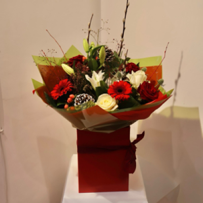 Christmas Morning - Gerbaras, roses , pussy willow , lilies , carnations , chrysanthemums.